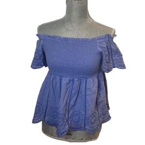 Vineyard Vines Off-The-Shoulder Blue Eyelet Smocked Top Size Small